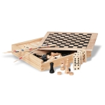 Spielesammlung in Holzbox mit Mikado, Domino, Schach und Dame farbe holzton