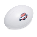 Anti-Stress Ball in Rugbyform mit Firmenlogo bedruckt farbe weiß Hauptansicht zweite Ansicht