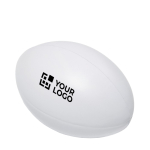 Anti-Stress Ball in Rugbyform mit Firmenlogo bedruckt farbe weiß Ansicht mit Druckbereich