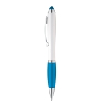 Kugelschreiber mit Touchpen und weißem Schaft für Logo, blaue Tinte farbe hellblau