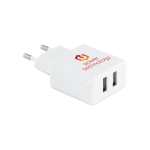 Stecker und Ladegerät mit 2 USB-Anschlüssen: 2 5V/1-2.1A farbe weiß Ansicht mit Logo 1