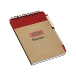 Notizblock mit Hardcover-Karton und recyceltem Papier und Kuli, A6 farbe rot Ansicht mit Logo 1