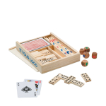 Spielset mit Domino, Mikado, Karten- und Würfelspiel in Holzschachtel Ansicht mit Druckbereich