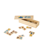 Domino-Spiel aus Holz mit Tierfiguren in Holzschachtel für Kinder Ansicht mit Druckbereich