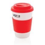 Wiederverwendbarer To Go Becher aus recycelbarem PP mit Logo, 270 ml farbe rot Ansicht mit Logo