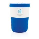 Nachhaltige Kaffeetasse To Go Tasse in  verschiedenen Farben, 380 ml farbe blau Ansicht mit Logo