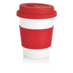 Coffee To Go Becher in Weiß mit farbigem Silikonband, 350 ml farbe rot