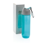 Tritan Trinkflasche mit Logo als Werbegeschenk und Stoffhenkel, 450 ml farbe hellblau Ansicht mit Box