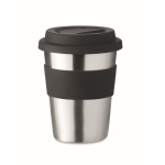 Kaffee To Go Becher aus Edelstahl mit Silikonband mit Logo, 350 ml farbe schwarz