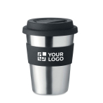 Kaffee To Go Becher aus Edelstahl mit Silikonband mit Logo, 350 ml Ansicht mit Druckbereich