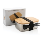 Elegante Edelstahlbrotbox mit Holzdeckel und Besteck, 1,5 L farbe silber Ansicht mit Box