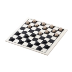 Spielsatz mit Schach, Parcheesi und Damespiel in Holzkiste mit Logo farbe holzton vierte Ansicht