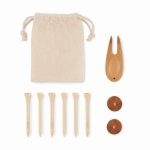 Set für Golfspieler mit Tees, Divot-Tool und 2 Ballmarkern aus Holz farbe beige