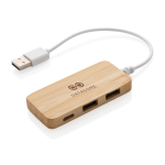 USB Hub aus Bambus mit 2 Typ A Ports und 1 Typ C Anschluss farbe braun Ansicht mit Logo