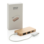 USB Hub aus Bambus mit 2 Typ A Ports und 1 Typ C Anschluss farbe braun Ansicht mit Box