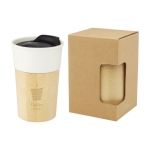 Coffee To Go Becher aus Porzellan und Bambus mit Lasergravur, 320 ml farbe gebrochen weiß