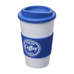 To Go Coffee Becher in Weiß mit farbigem Band mit Logo, 350 ml farbe blau Ansicht mit Siebdruck