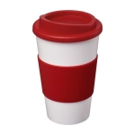 To Go Coffee Becher in Weiß mit farbigem Band mit Logo, 350 ml farbe rot