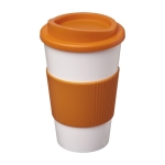 To Go Coffee Becher in Weiß mit farbigem Band mit Logo, 350 ml farbe orange