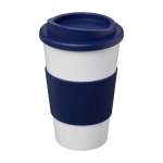 To Go Coffee Becher in Weiß mit farbigem Band mit Logo, 350 ml farbe dunkelblau