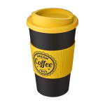 To Go Coffee Becher in Weiß mit farbigem Band mit Logo, 350 ml Ansicht mit Siebdruck