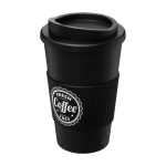 To Go Coffee Becher in Weiß mit farbigem Band mit Logo, 350 ml Ansicht mit Siebdruck