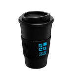 To Go Coffee Becher in Weiß mit farbigem Band mit Logo, 350 ml Ansicht mit Druckbereich