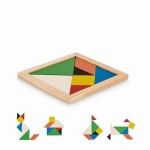 Buntes Tangram-Spiel aus Holz zum Verschenken mit Logo bedrucken farbe holzton