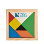 Buntes Tangram-Spiel aus Holz zum Verschenken mit Logo bedrucken farbe holzton Ansicht mit Druckbereich