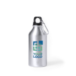 Kleine Flasche aus recyceltem Aluminium mit Karabiner, 400 ml Ansicht mit Druckbereich