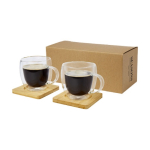 2 Kaffeegläser mit Thermofunktion und 2 Bambusuntersetzer, 250 ml farbe transparent