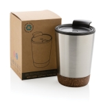 Kaffee Thermobecher aus recyceltem Kunststoff mit Korkdetails, 300 ml farbe silber Ansicht mit Box