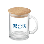 Becher mit Logo bedrucken aus recyceltem Glas mit Bambusdeckel, 300 ml farbe transparent Ansicht mit Druckbereich