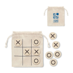 Tic-Tac-Toe-Spiel aus Holz mit Brett in Baumwolltasche als Merchandsing farbe beige Ansicht mit Druckbereich