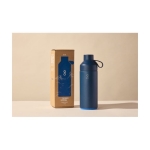 Edelstahl-Thermosflasche aus recyceltem Ozean-Plastik mit Glasdeckel farbe marineblau zweite Ansicht mit Box