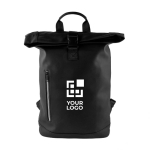 Rolltop-Laptoprucksack mit reflektierendem Reißverschluss farbe schwarz Ansicht mit Druckbereich