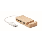 3-Port USB Hub im Bambusgehäuse mit Handyhalter mit Kabel, 20 cm farbe holzton