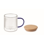 Tasse aus doppelwandigem Borosilikatglas mit Logo, 300ml farbe blau-transparent dritte Ansicht