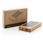 Powerbank aus Bambus mit ladendem Solarpanel, 10.000 mAh farbe braun Ansicht mit Box