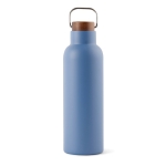 Flasche aus recyceltem Edelstahl mit Holzdeckel und Griff, 800 ml farbe blau