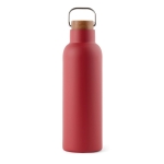 Flasche aus recyceltem Edelstahl mit Holzdeckel und Griff, 800 ml farbe rot