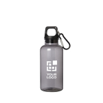 Transparente Flasche aus recyceltem Kunststoff mit Karabiner 400 ml Ansicht mit Druckbereich