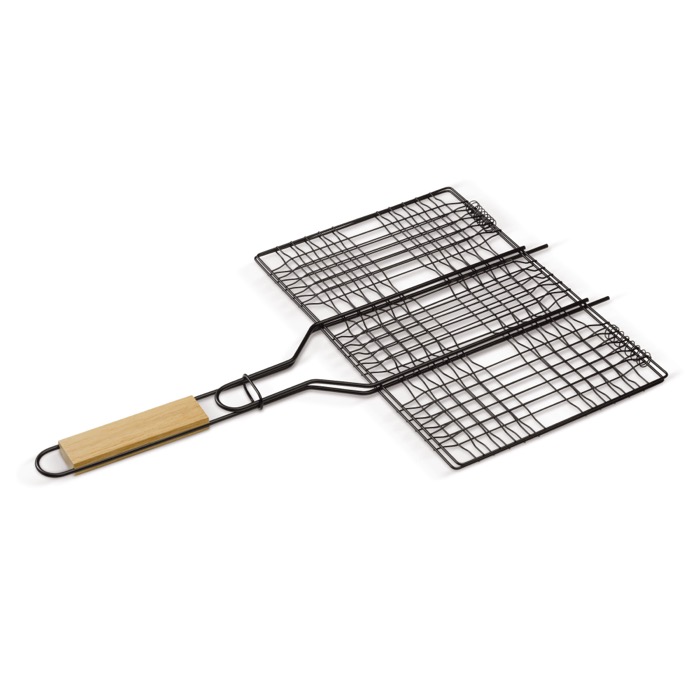 Rechteckiger Grill mit komfortablem Holzgriff speziell zum Grillen farbe holzton