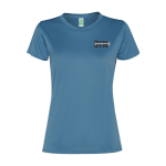 Sport-Damen-Shirt aus recyceltem Polyester, 100 g/m², Roly farbe pastellblau Ansicht mit Siebdruck