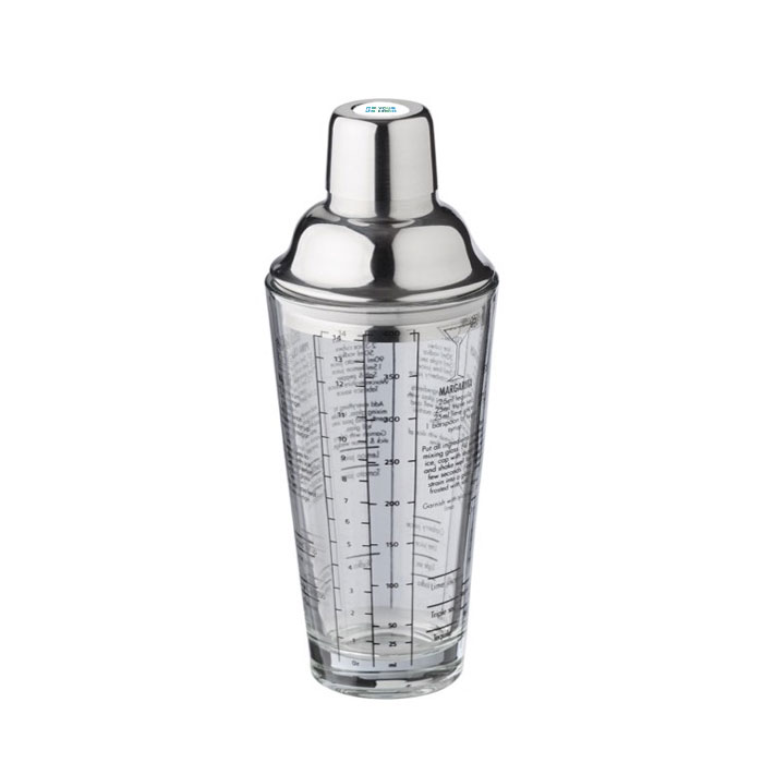 Cocktailshaker aus Glas mit aufgedruckten Maßangaben und Cocktailrezepten, 400 ml