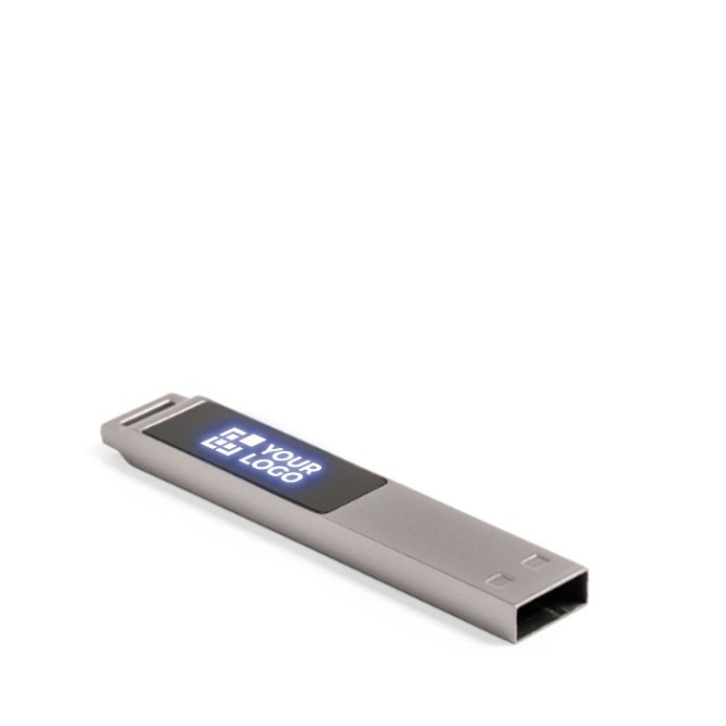 Flacher USB-Stick aus Metall mit beleuchtetem Logo