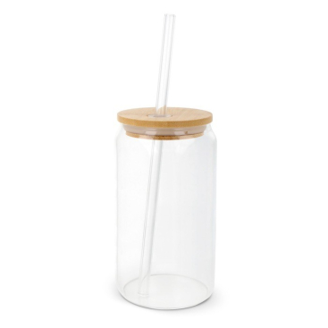 Glas in Becherformat mit Bambusdeckel und Strohhalm, 450 ml