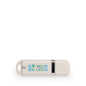 Memory-Stick mit Weizenstrohgehäuse und Verschlusskappe Ansicht mit Logodruck