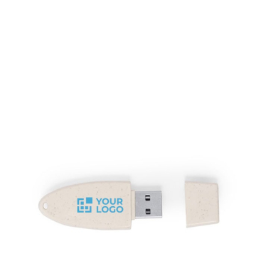 Ökologischer USB-Stick mit Kappe aus Weizenstroh bedrucken Ansicht mit Logodruck